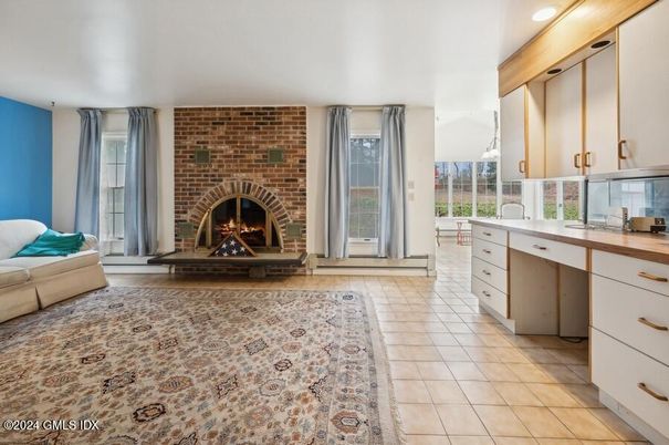 Fireplace, Interior, Recessed Lighting, Stone Walls