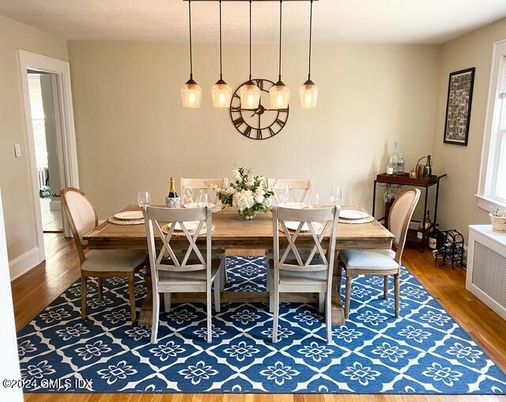 Dining room, Interior, Pendant Lights, Wood Texture Flooring