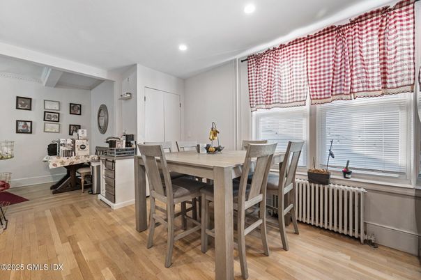Dining room, Interior, Recessed Lighting, Wood Texture Flooring