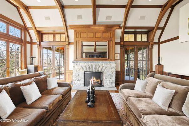 Fireplace, Interior, Living room, Recessed Lighting, Wooden Beams, Wood Texture Flooring