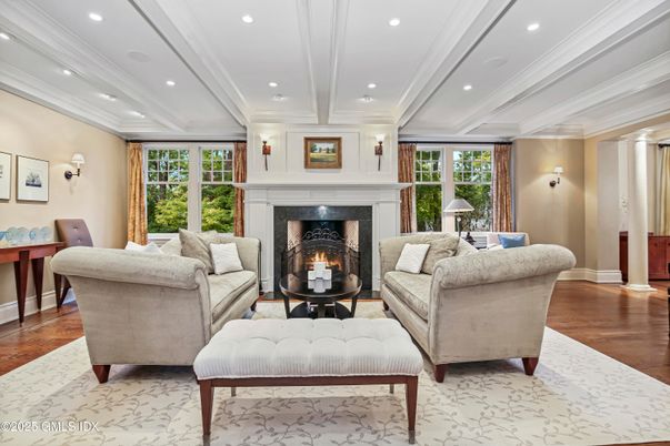 Fireplace, Interior, Living room, Recessed Lighting, Wood Texture Flooring