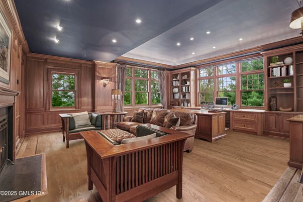 Fireplace, Home Office, Interior, Living room, Recessed Lighting, Wood Texture Flooring