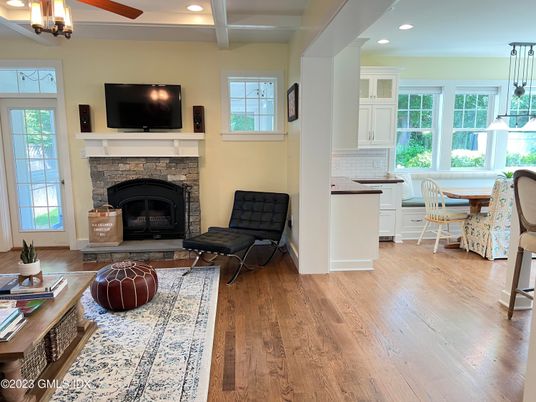 Dining room, Fireplace, Interior, Pendant Lights, Recessed Lighting, Wood Texture Flooring