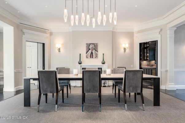 Dining room, Interior, Pendant Lights, Recessed Lighting, Wood Texture Flooring