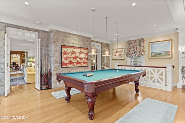 Billiard Table, Game Room, Interior, Pendant Lights, Recessed Lighting, Stone Walls, Wood Texture Flooring