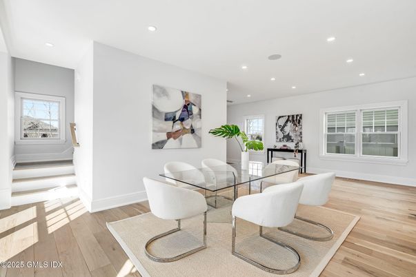 Dining room, Interior, Recessed Lighting, Wood Texture Flooring