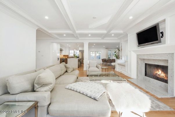 Dining room, Fireplace, Interior, Kitchen, Living room, Pendant Lights, Recessed Lighting, Wood Texture Flooring