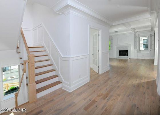 Empty room, Fireplace, Interior, Recessed Lighting, Wood Texture Flooring