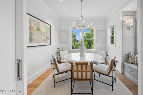 Dining room, Interior, Pendant Lights, Recessed Lighting, Wood Texture Flooring