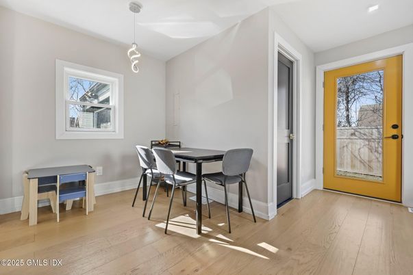 Dining room, Interior, Pendant Lights, Recessed Lighting, Wood Texture Flooring
