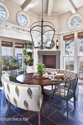 Dining room, Fireplace, Interior, Pendant Lights, Sun Room