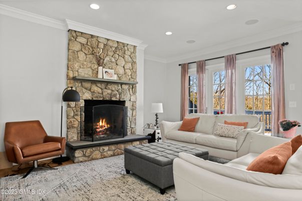 Fireplace, Interior, Living room, Recessed Lighting, Stone Walls