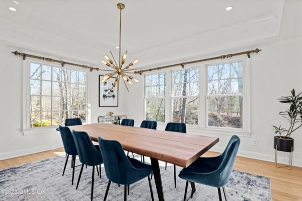 Dining room, Interior, Pendant Lights, Recessed Lighting, Wood Texture Flooring