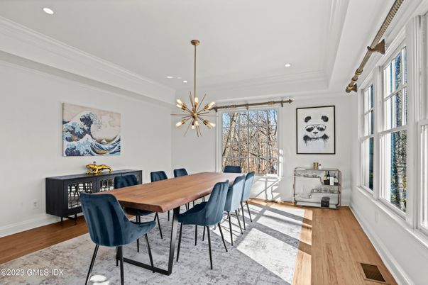Dining room, Interior, Pendant Lights, Recessed Lighting, Wood Texture Flooring