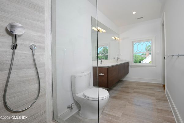 Bathroom, Glass Shower, Interior, Recessed Lighting, Wood Texture Flooring