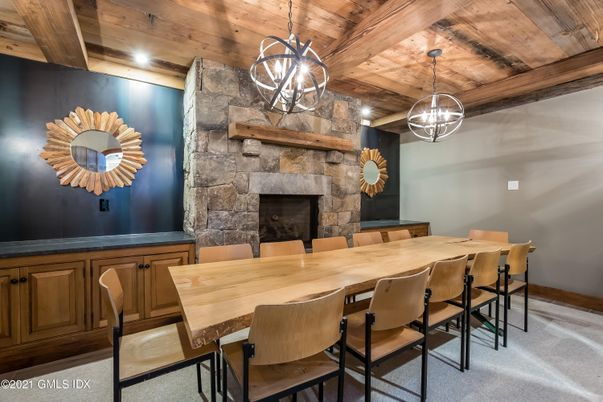 Dining room, Fireplace, Interior, Pendant Lights, Stone Walls, Wooden Beams, Wooden Ceilings
