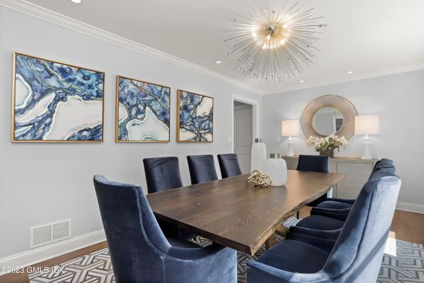 Dining room, Interior, Recessed Lighting, Wood Texture Flooring