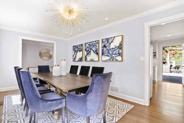 Dining room, Interior, Recessed Lighting, Wood Texture Flooring