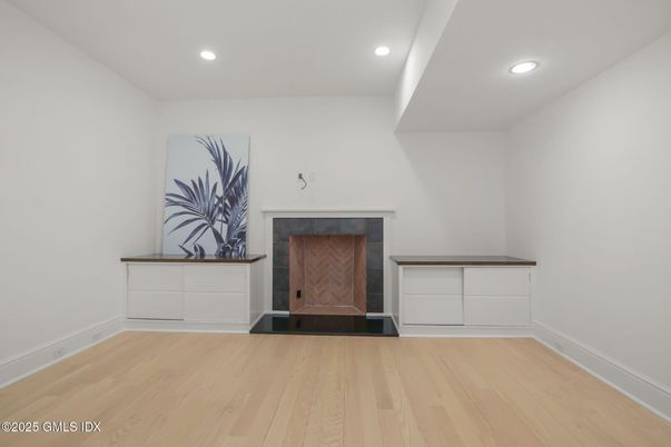 Fireplace, Interior, Recessed Lighting, Wood Texture Flooring