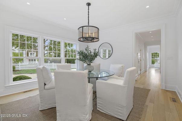 Dining room, Interior, Pendant Lights, Recessed Lighting, Wood Texture Flooring