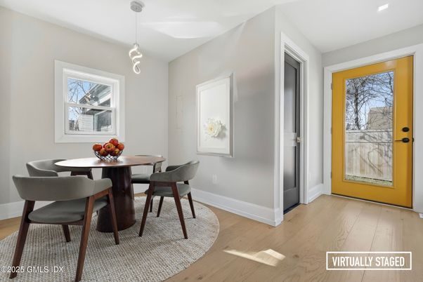Dining room, Interior, Pendant Lights, Recessed Lighting, Wood Texture Flooring