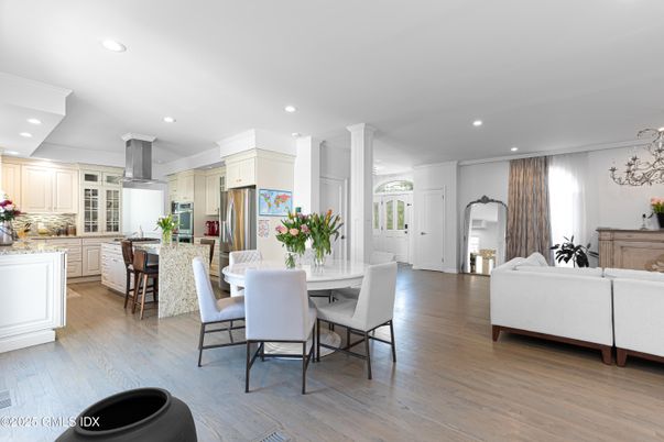 Dining room, Interior, Kitchen, Living room, Recessed Lighting, Stainless Steel Appliances, Wood Texture Flooring