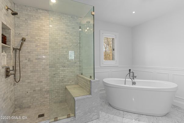 Bathroom, Free Standing Baths, Glass Shower, Interior, Marble, Recessed Lighting