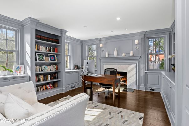Fireplace, Home Office, Interior, Recessed Lighting, Wood Texture Flooring