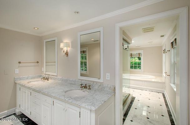 Bathroom, Dual Sink Vanities, Interior, Marble, Recessed Lighting