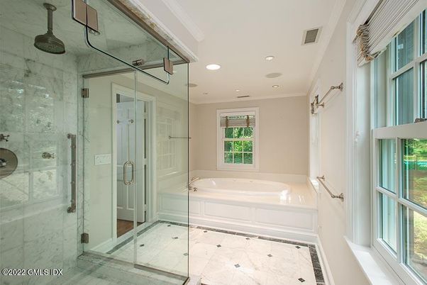 Bathroom, Glass Shower, Interior, Marble, Marble Walls, Recessed Lighting