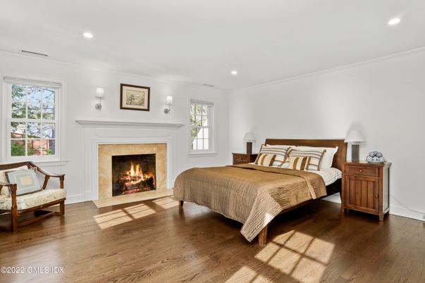 Bedroom, Fireplace, Interior, Recessed Lighting, Wood Texture Flooring