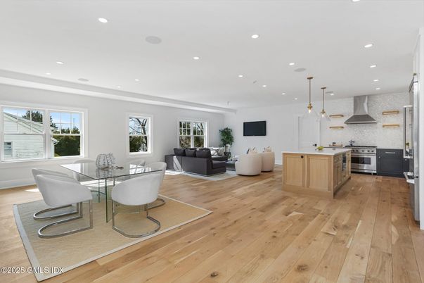 Dining room, Interior, Kitchen, Living room, Pendant Lights, Recessed Lighting, Stainless Steel Appliances, Wood Texture Flooring