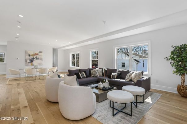 Dining room, Interior, Living room, Recessed Lighting, Wood Texture Flooring