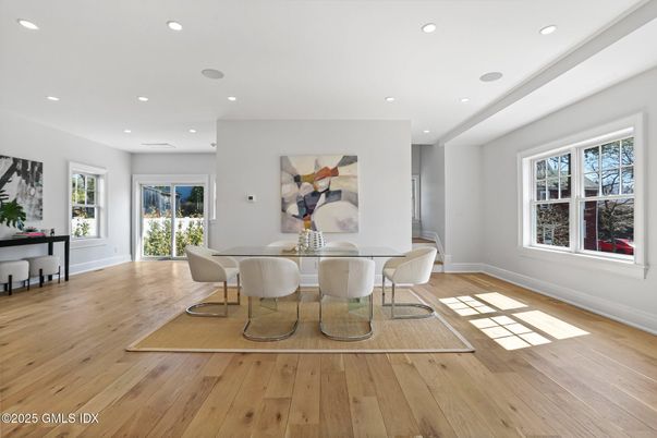 Dining room, Interior, Recessed Lighting, Wood Texture Flooring