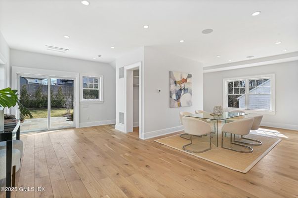Dining room, Interior, Recessed Lighting, Wood Texture Flooring