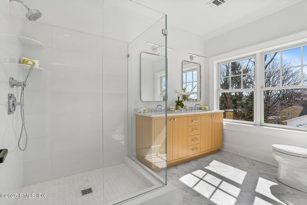 Bathroom, Dual Sink Vanities, Glass Shower, Interior, Marble