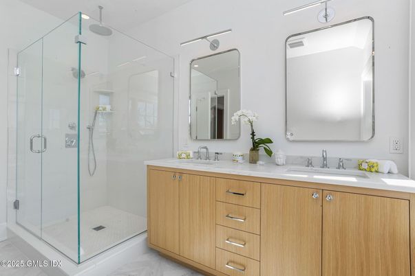 Bathroom, Dual Sink Vanities, Glass Shower, Interior, Marble
