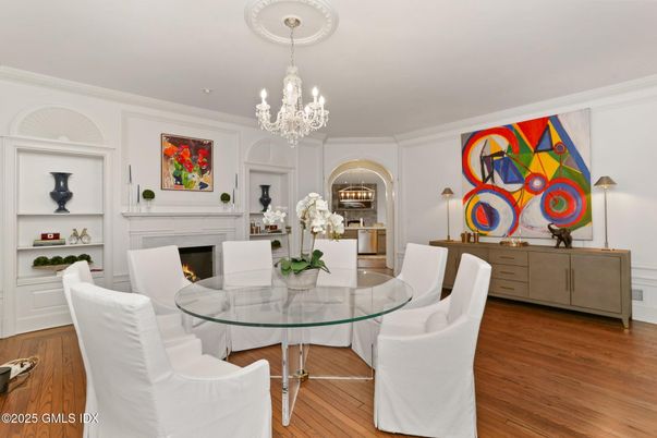 Chandelier, Dining room, Fireplace, Interior, Wood Texture Flooring