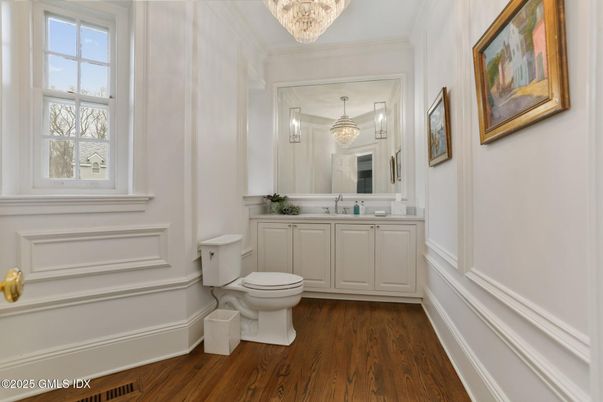 Bathroom, Chandelier, Interior, Wood Texture Flooring