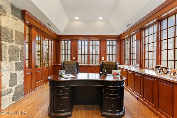 Home Office, Interior, Recessed Lighting, Stone Walls, Wood Texture Flooring