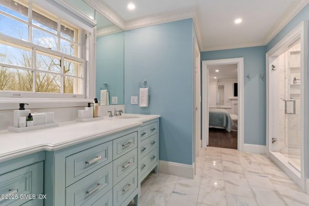 Bathroom, Dual Sink Vanities, Interior, Marble, Recessed Lighting