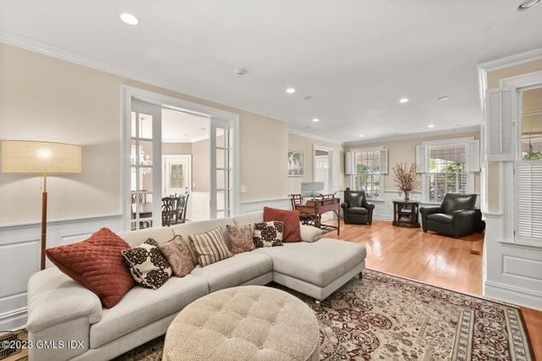 Dining room, Interior, Living room, Recessed Lighting, Wood Texture Flooring