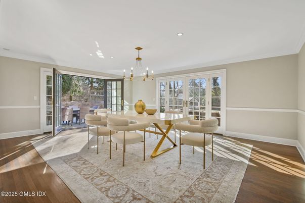 Dining room, Interior, Pendant Lights, Recessed Lighting, Wood Texture Flooring