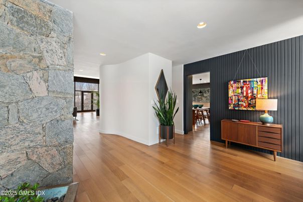Interior, Recessed Lighting, Stone Walls, Wood Texture Flooring