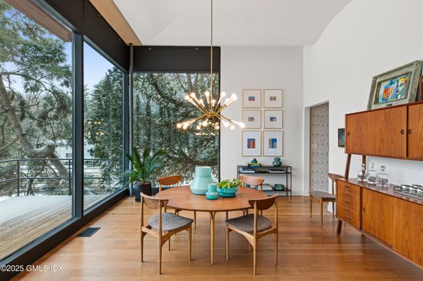 Dining room, Interior, Pendant Lights, Wood Texture Flooring