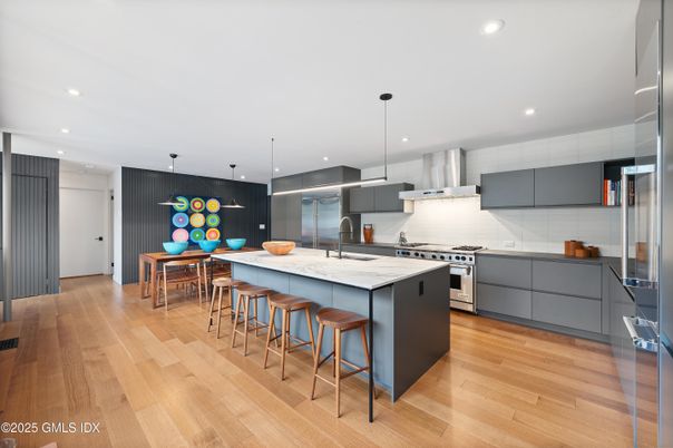 Interior, Kitchen, Pendant Lights, Recessed Lighting, Stainless Steel Appliances, Wood Texture Flooring