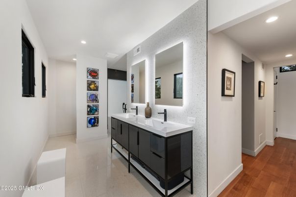 Bathroom, Dual Sink Vanities, Interior, Recessed Lighting, Wood Texture Flooring