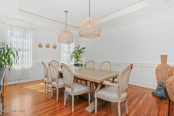 Dining room, Interior, Pendant Lights, Wood Texture Flooring
