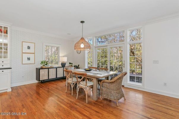Dining room, Interior, Pendant Lights, Wood Texture Flooring