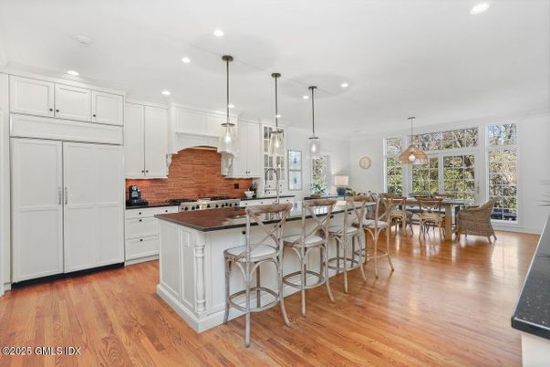 Dining room, Interior, Kitchen, Pendant Lights, Recessed Lighting, Wood Texture Flooring
